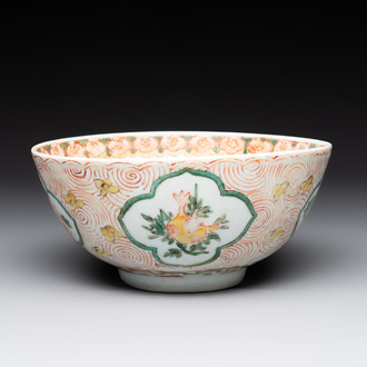 A Chinese wucai 'pomegranate, peony and rabbit' bowl, Transitional period