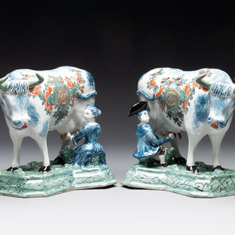 A pair of unusual polychrome Dutch Delft milking groups, 18th C.