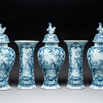 A large blue and white Dutch Delft garniture of five vases and covers, 2nd half 18th C.