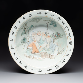 A Chinese qianjiang cai 'Taoist' basin, signed Fang Jiazhen 方家珍, dated 1905
