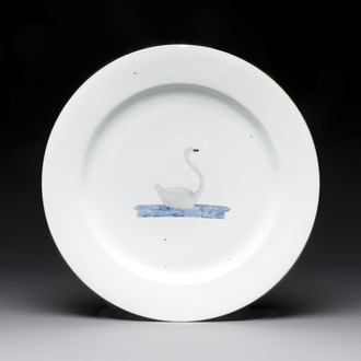 A rare Chinese export blue-and-white-enamelled 'swan' dish, Qianlong
