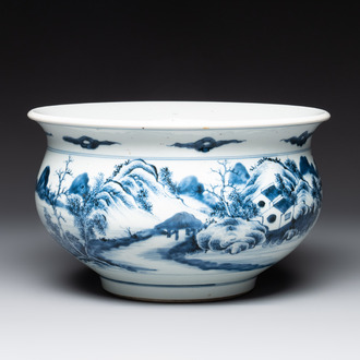 A Chinese blue and white 'river landscape' censer, 18th C.