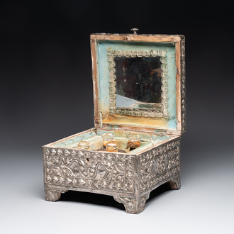 A fine Ottoman scent casket with floral relief silver panels, 19th C.