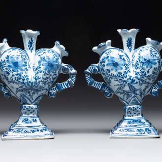 A pair of blue and white German Delftware heart-shaped tulip vases, 18th C.