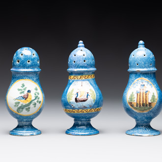 Three polychrome Brussels faience canisters, 18/19th C.