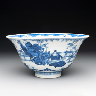 A large Chinese blue and white 'Zhu Lin Qi Xian 竹林七賢' bowl, Kangxi