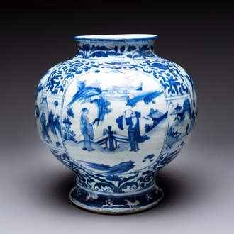A Chinese blue and white baluster vase with figures and landscapes, Transitional period