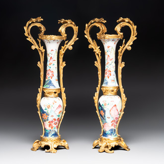 A pair of composed gilt bronze mounted Chinese famille rose 'tobacco leaf' vases, Qianlong