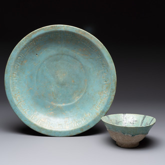 A turquoise-glazed calligraphic dish and a bowl, Kashan, 13/14th C.