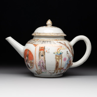 A Chinese famille rose gilt-decorated teapot and cover with figural design, Yongzheng