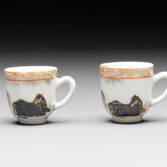 A pair of rare Chinese gilt-decorated grisaille and iron-red miniature 'horse' cups, Yongzheng/Qianlong