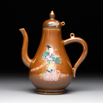A Chinese famille rose capucin-brown-ground 'Magu' ewer and cover, Yongzheng/Qianlong