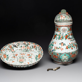 A Chinese famille verte fountain and basin with birds among flowering branches, Kangxi