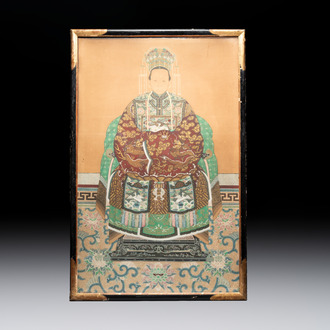 Chinese school: 'An official's wife of the 4th rank', ink and colour on paper, 19th C.