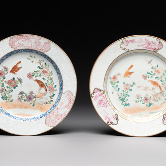 Two Chinese famille rose 'magpies and peonies' plates with bianco-sopra-bianco rims, Yongzheng