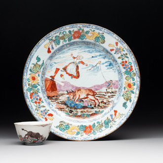 A rare Chinese Dutch-decorated 'The miracle of Zaandam' plate and cup, Qianlong