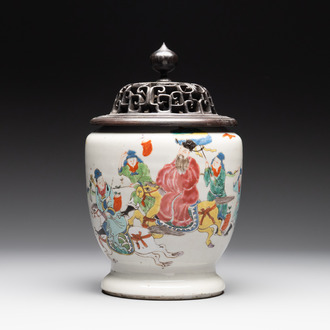 A Chinese famille rose 'riders on horseback' vase and a wooden cover, Yongzheng/Qianlong
