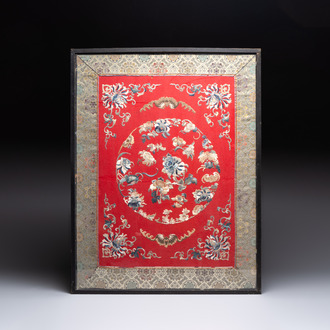 A Chinese silk embroidered felt panel with bats and flowers, 19th C.