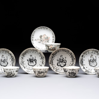 Four Chinese gilt-decorated grisaille 'crowned Juno and peacock' cups and saucers and a 'European subject' cup and saucer, Qianlong