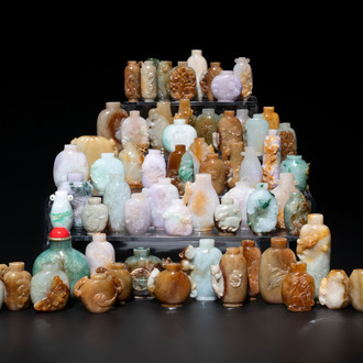 A large collection of 60 Chinese jadeite snuff bottles, 20th C.