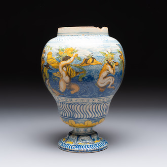 A rare polychrome Nevers earthenware baluster vase with tritons and satyrs, 2nd half 17th C.