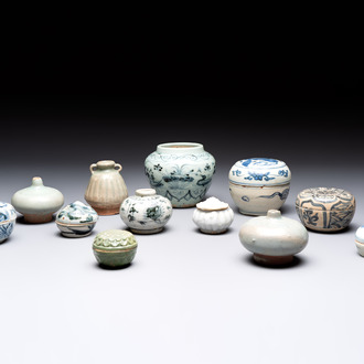Five Chinese blue, white and monochrome jarlets and seven covered boxes, Yuan/Ming