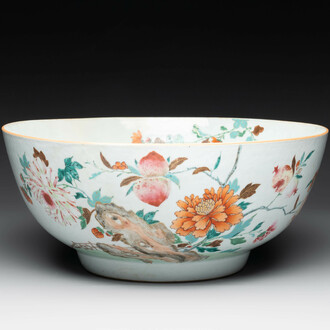 A large Chinese famille rose punch bowl with flowering and fruiting branches, Qianlong