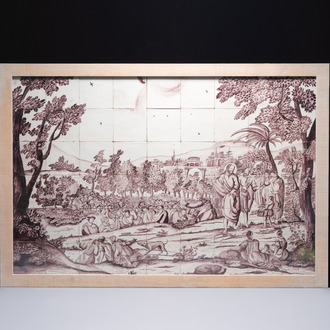 A large manganese Dutch Delft 'Christ on the Mount of Olives' tile mural, 18th C.