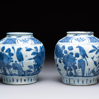 A pair of Chinese blue and white 'birds among blossoming branches' jars, Wanli
