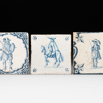 Three fine blue and white Dutch Delft 'soldier' tiles, 17th C.