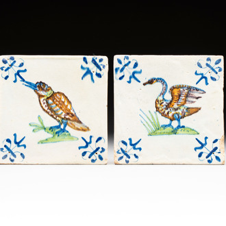 Two polychrome Dutch Delft 'kingfisher' and 'swan' tiles, 17th C.
