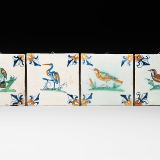 Four polychrome Dutch Delft 'bird' tiles, 17th C.