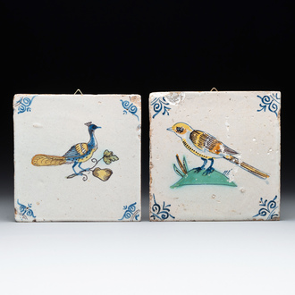 Two polychrome Dutch Delft 'bird' tiles, 17th C.