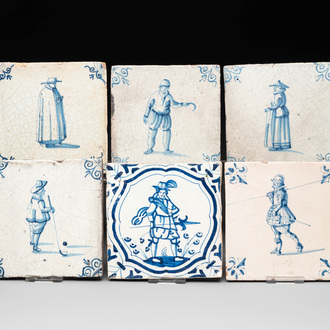 Six blue and white Dutch Delft tiles with large figures, 17th C.