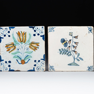Two polychrome Dutch Delft 'flower' and 'butterfly and flower' tiles, 17th C.