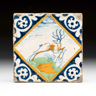 A polychrome Dutch Delft maiolica 'deer' diamond tile, late 16th C.