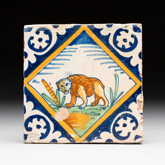 A polychrome Dutch Delft maiolica 'bear' diamond tile, late 16th C.