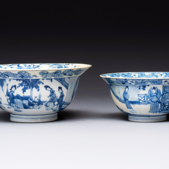Two Chinese blue and white 'klapmuts' bowls with narrative design, Kangxi