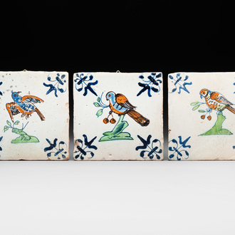 Three polychrome Dutch Delft 'bird' tiles, 17th C.