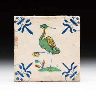 A polychrome Dutch Delft 'heron' tile, 17th C.