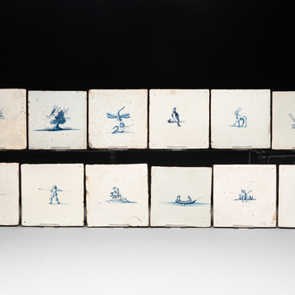 12 blue and white Dutch Delft tiles without corner motifs, 17th C.