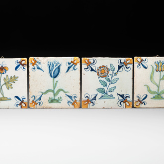 Four polychrome Dutch Delft 'flower' tiles, 17th C.
