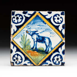 A polychrome Dutch Delft maiolica 'donkey' diamond tile, late 16th C.