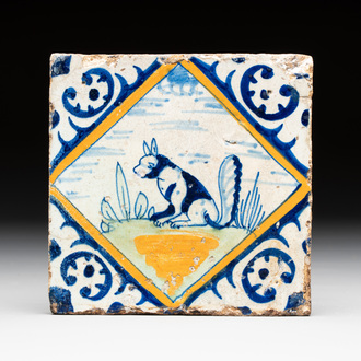 A polychrome Dutch Delft maiolica 'squirrel' diamond tile, late 16th C.