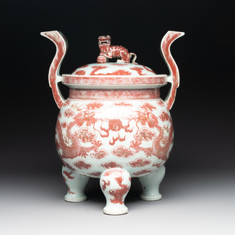 A Chinese copper-red and white 'dragon' censer and cover, 19th C.