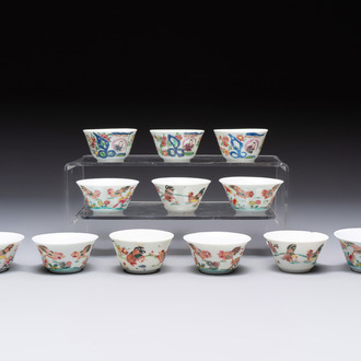 12 Chinese famille rose 'rooster' cups, Yongzheng/Qianlong