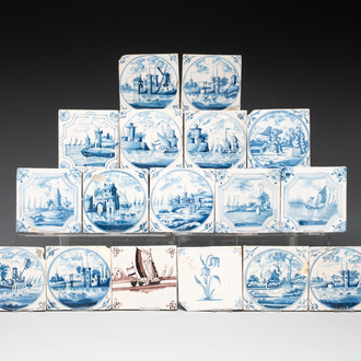 16 blue and white Dutch Delft tiles and one manganese 'ship' tile, 18th C.