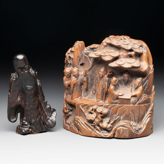 A Chinese burlwood figure of Shoulao and a boxwood group of five sages and a servant, Mugong 木公 mark, 19/20th C.