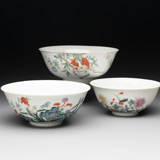Three Chinese famille rose bowls with floral design, Qianlong, Guangxu and Jiangxi Ciye mark, 19/20th C.