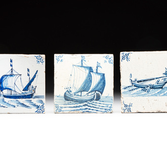 Three blue and white Dutch Delft 'ship' tiles, 17th C.